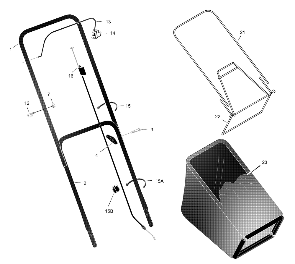 Handle And Bag Assembly Diagram and Parts List for 20415X14B 2001 Briggs and Stratton Lawn Mower